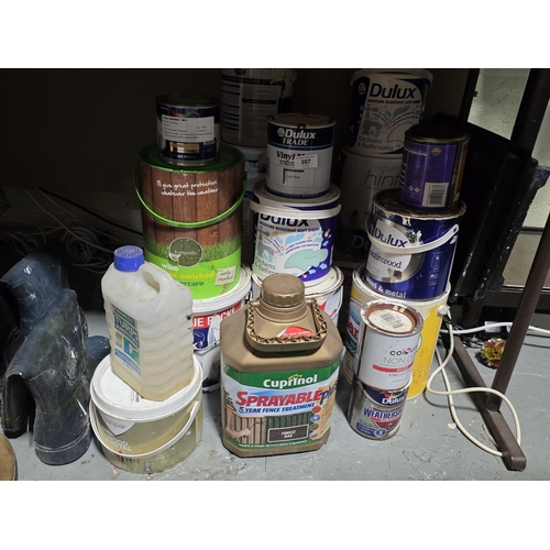 397 - LARGE SELECTION OF PAINT CANS, ROLLER TRAYS ETC.