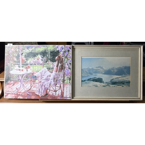 410 - OIL PAINTING ON CANVAS OF VERANDA SCENE AND MOUNTAIN SCENE
