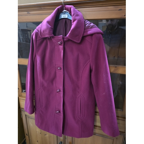 413 - LADIES HOODED DUFFLE COAT, SIZE 16