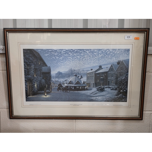 63 - FRAMED LIMITED EDITION PRINT TITLED. “MOONLIT ARRIVAL AT DUNSTER “ SIGNED BY MAURICE BISHOP