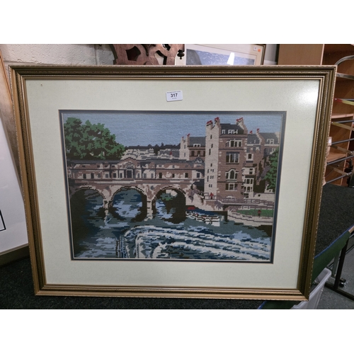 64 - LARGE NEEDLEPOINT PICTURE DEPICTING RIVER SCENE