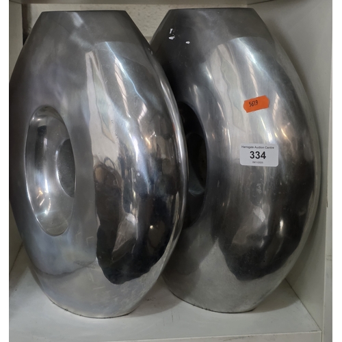 68 - PAIR OF ALUMINIUM MODERN VASES, 12.5” TALL