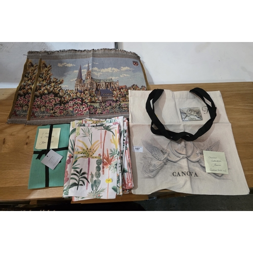 14 - ASSORTED TEXTILES INCLUDING JOHN LEWIS NAPKINS AND RUNNER, TWO TAPESTRY CUSHION COVERS OF CHARLES CA... 
