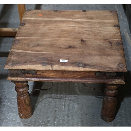 56 - MANGO WOOD COFFEE TABLE WITH WROUGHT IRON RIVET FEATURES