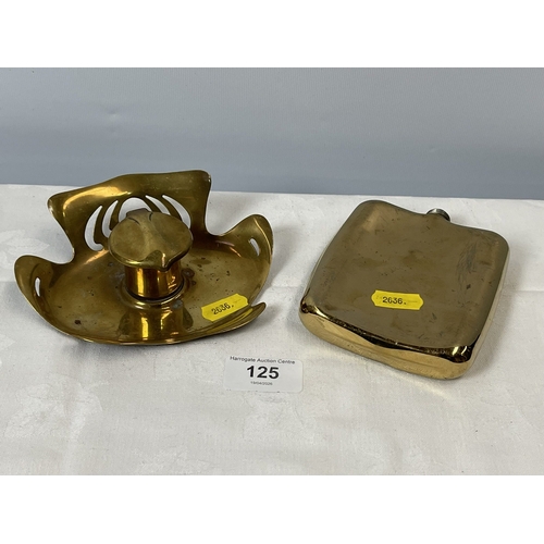125 - ANTIQUE BRASS HIP FLASK & ART NOUVEAU BRASS INK WELL