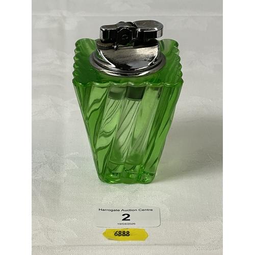 2 - VINTAGE GREEN GLASS TABLE LIGHTER