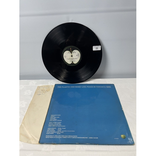 25 - VINTAGE “THE PLASTIC ONO BAND - LIVE PEACE IN TORONTO 1969 SIGNED BOB-LIN- LP RECORD