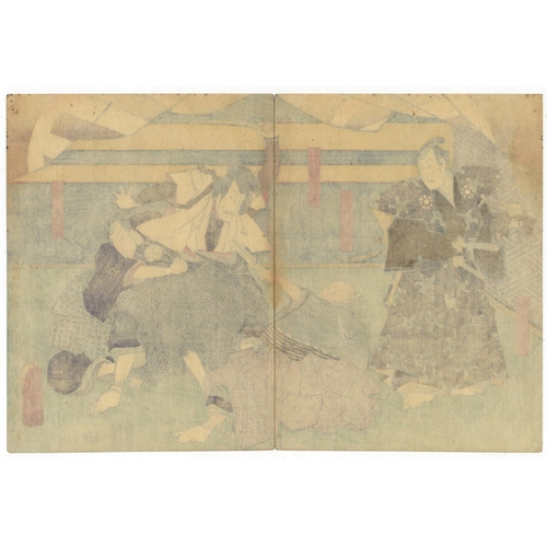 108 - Toyokuni III Utagawa, Kabuki Actors, Characters Fight, Edo PeriodKabuki Play, Meiboku Sendai Hagi. O... 