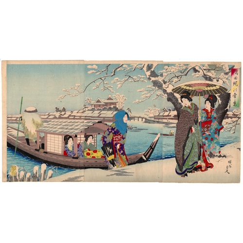 Chikanobu Yoshu, Beauty, Snow Scene, Sumida RiverSnow Scene in Sumida Bank. Original Japanese Woodblock Print. 
Date: 1850-1899
Publisher: Takekawa, Size: 72.6 x 36.8 cm