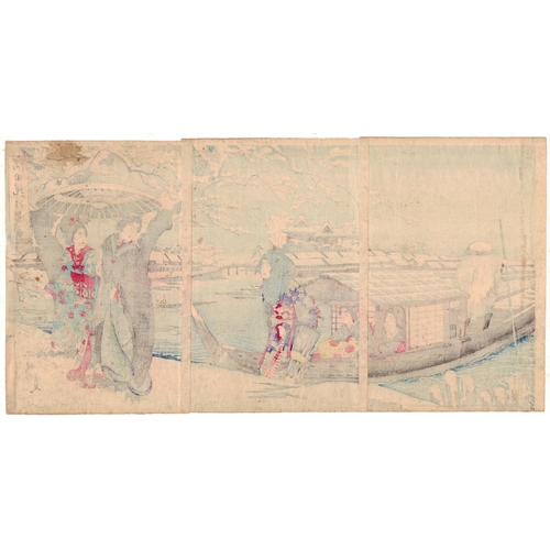 129 - Chikanobu Yoshu, Beauty, Snow Scene, Sumida RiverSnow Scene in Sumida Bank. Original Japanese Woodbl... 