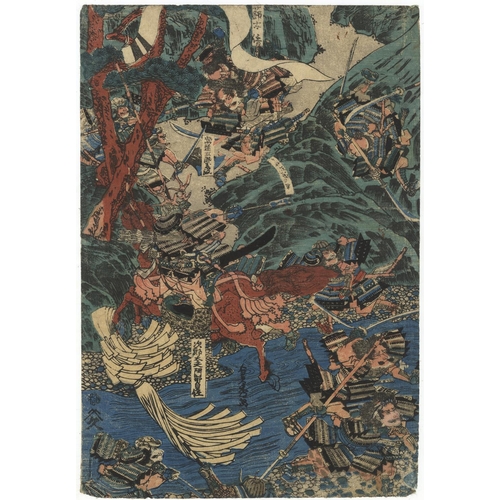 16 - Sadahide Utagawa, Warrior Print, Samurai in Battle, Edo PeriodBattle of Koromogawa. Original Japanes... 