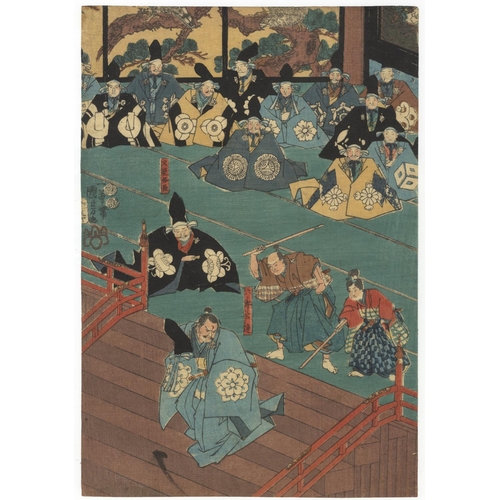 163 - Kuniyoshi Utagawa, Warrior Print, Triptych, Edo PeriodRokuro Kintsura driven from his brother Masaka... 