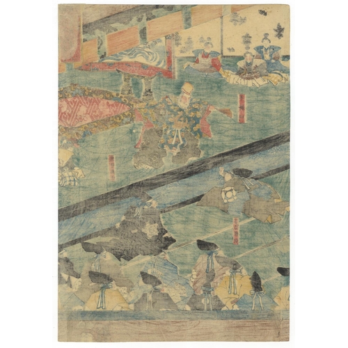 163 - Kuniyoshi Utagawa, Warrior Print, Triptych, Edo PeriodRokuro Kintsura driven from his brother Masaka... 