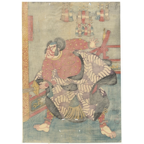 202 - Toyokuni III Utagawa , Kabuki Actors, Kumadori Makeup, Edo PeriodKabuki play, The Battles of Coxinga... 