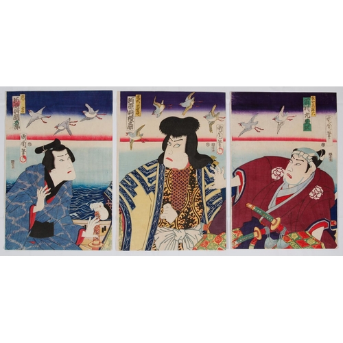 221 - Kunichika Toyohara, Set of 4 prints, Scenes from Kabuki Plays, Meiji PeriodSet of 3 triptychs and 1 ... 