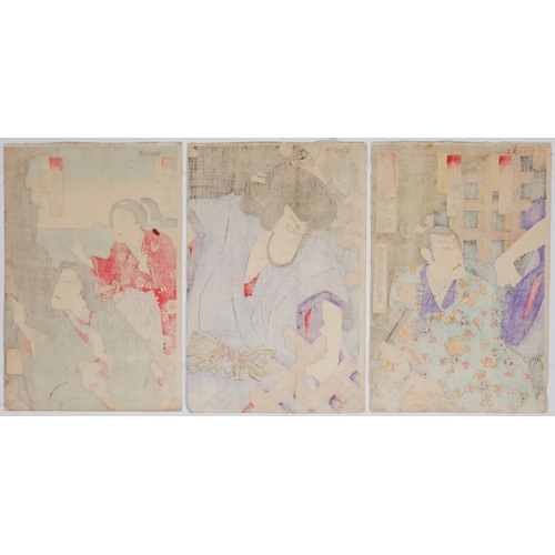 221 - Kunichika Toyohara, Set of 4 prints, Scenes from Kabuki Plays, Meiji PeriodSet of 3 triptychs and 1 ... 