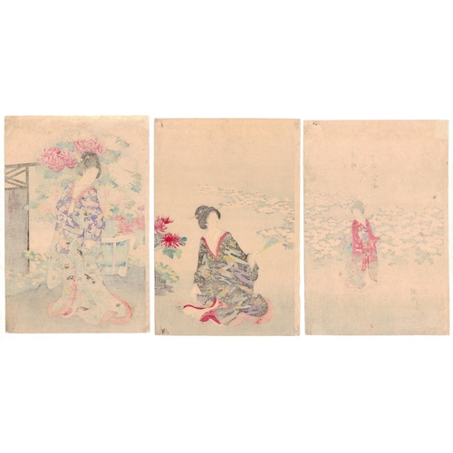 262 - Chikanobu Yoshu, Flowers, Beauty, Triptych, Meiji PeriodChrysanthemum Viewing from the series High-r... 