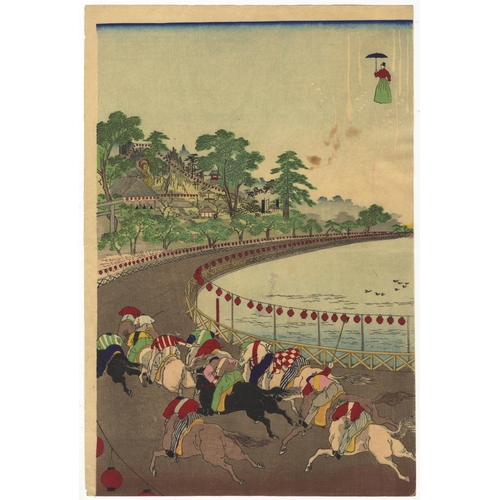 264 - Chikanobu Yoshu, Kites, Emperor Meiji, Horse Race, Meiji PeriodMeiji Emperor at Ueno Race Course. Or... 