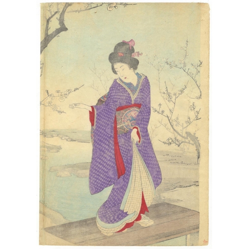 266 - Chikanobu Yoshu, Plum Blossoms, Bijin-ga, Kimono, Mother and Child, Meiji PeriodPlum Blossoms in Win... 