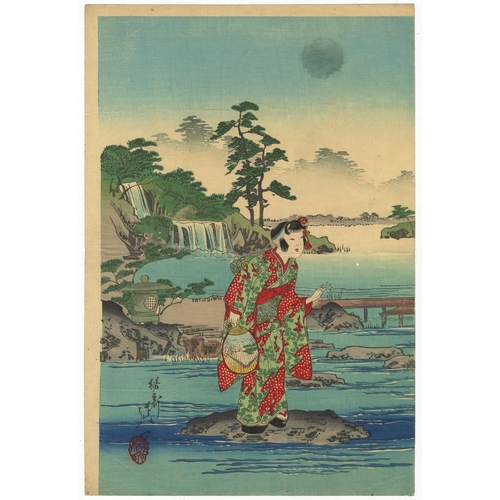 267 - Nobukazu Yosai, River, Kawadoko, Beauties, Deep Blue, Meiji PeriodBeauties Taking Tea by the Riversi... 