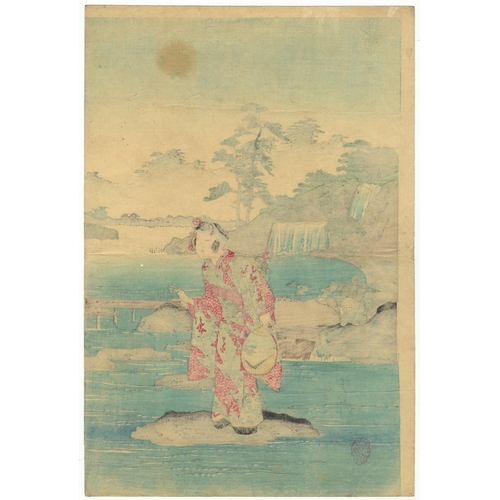 267 - Nobukazu Yosai, River, Kawadoko, Beauties, Deep Blue, Meiji PeriodBeauties Taking Tea by the Riversi... 