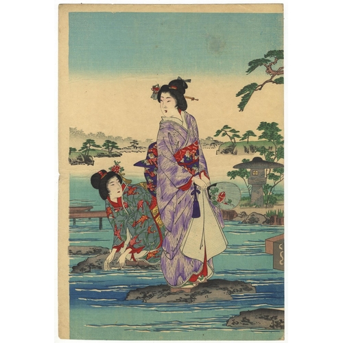 267 - Nobukazu Yosai, River, Kawadoko, Beauties, Deep Blue, Meiji PeriodBeauties Taking Tea by the Riversi... 