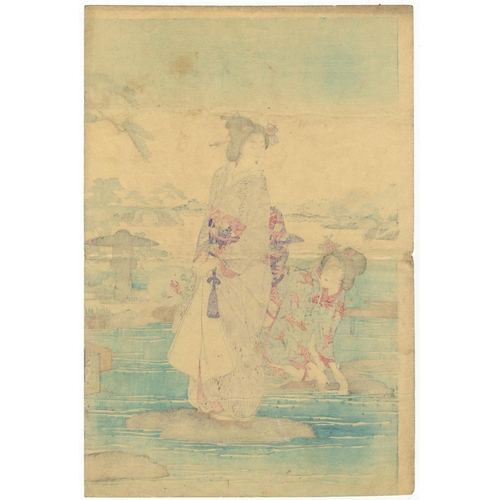 267 - Nobukazu Yosai, River, Kawadoko, Beauties, Deep Blue, Meiji PeriodBeauties Taking Tea by the Riversi... 