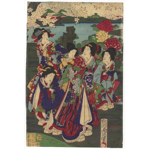 268 - Chikanobu Yoshu, Tale of Genji, Beauty, Genji-e, Triptych, Meiji PeriodGenji Among March Flowers. Or... 