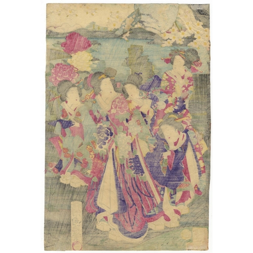 268 - Chikanobu Yoshu, Tale of Genji, Beauty, Genji-e, Triptych, Meiji PeriodGenji Among March Flowers. Or... 