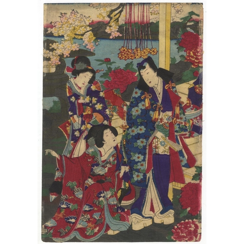 268 - Chikanobu Yoshu, Tale of Genji, Beauty, Genji-e, Triptych, Meiji PeriodGenji Among March Flowers. Or... 