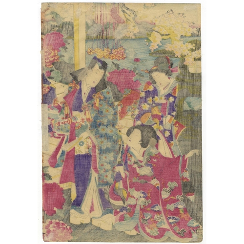 268 - Chikanobu Yoshu, Tale of Genji, Beauty, Genji-e, Triptych, Meiji PeriodGenji Among March Flowers. Or... 