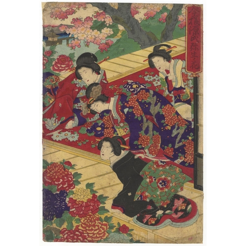 268 - Chikanobu Yoshu, Tale of Genji, Beauty, Genji-e, Triptych, Meiji PeriodGenji Among March Flowers. Or... 