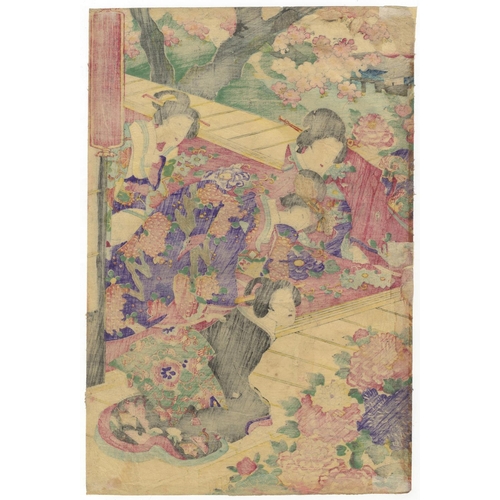 268 - Chikanobu Yoshu, Tale of Genji, Beauty, Genji-e, Triptych, Meiji PeriodGenji Among March Flowers. Or... 