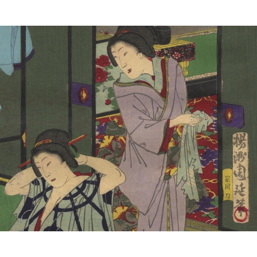 270 - Chikanobu Yoshu, Courtesans, Kimono Stand, Beauty Print, Meiji PeriodCourtesans dressing up before w... 