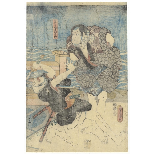 297 - Toyokuni III Utagawa , Date Tsunamune, Triptych, Fight Scene, River, Edo PeriodKabuki play, Meiboku ... 