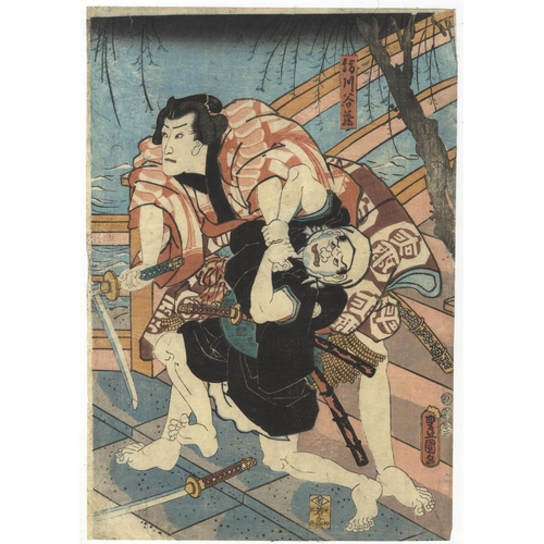 297 - Toyokuni III Utagawa , Date Tsunamune, Triptych, Fight Scene, River, Edo PeriodKabuki play, Meiboku ... 