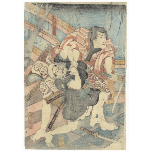 297 - Toyokuni III Utagawa , Date Tsunamune, Triptych, Fight Scene, River, Edo PeriodKabuki play, Meiboku ... 