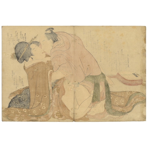 306 - Two Lovers, Shamisen, Shunga, Erotic, Authentic Original Japanese Woodblock Print, Edo PeriodTwo Lov... 