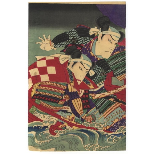 323 - Chikashige Morikawa, Chikanobu Toyohara, Set of 2 Prints, Kabuki Actors, Play, Theatre, Meiji Period... 