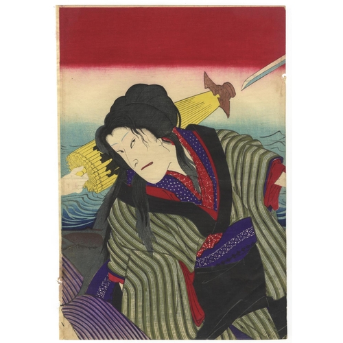 327 - Kunichika Toyohara, Set of 2 Prints, Triptych, Kabuki Play, Theatre, Meiji Period(1) Toji-awase Oden... 