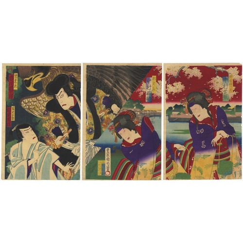 327 - Kunichika Toyohara, Set of 2 Prints, Triptych, Kabuki Play, Theatre, Meiji Period(1) Toji-awase Oden... 