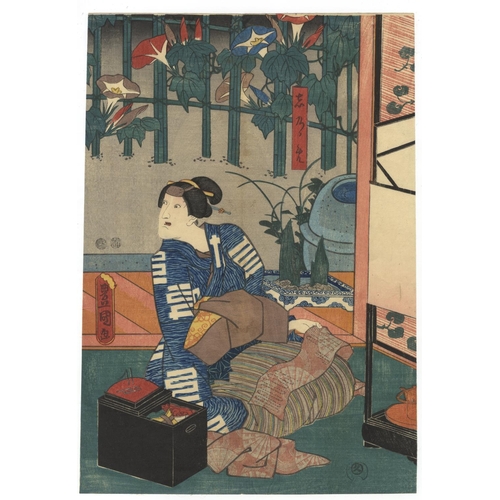 331 - Toyokuni III Utagawa, Set of 2 Prints, Kabuki Theatre, Cherry Blossom, Moonflower, Edo Period(1) Imo... 