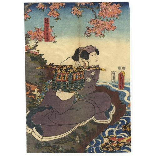 331 - Toyokuni III Utagawa, Set of 2 Prints, Kabuki Theatre, Cherry Blossom, Moonflower, Edo Period(1) Imo... 