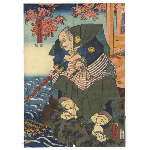 331 - Toyokuni III Utagawa, Set of 2 Prints, Kabuki Theatre, Cherry Blossom, Moonflower, Edo Period(1) Imo... 