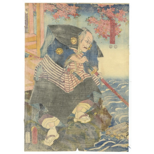 331 - Toyokuni III Utagawa, Set of 2 Prints, Kabuki Theatre, Cherry Blossom, Moonflower, Edo Period(1) Imo... 