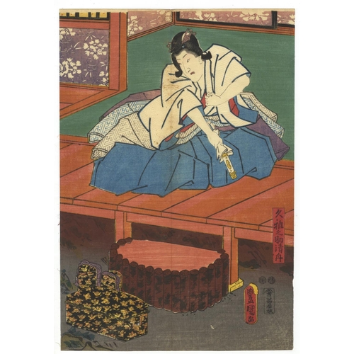 331 - Toyokuni III Utagawa, Set of 2 Prints, Kabuki Theatre, Cherry Blossom, Moonflower, Edo Period(1) Imo... 