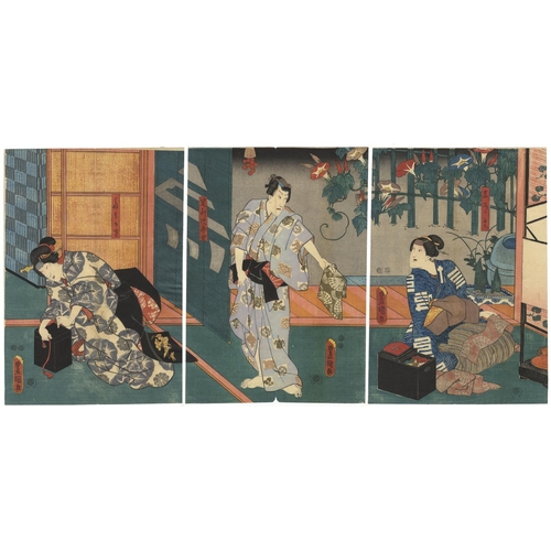 331 - Toyokuni III Utagawa, Set of 2 Prints, Kabuki Theatre, Cherry Blossom, Moonflower, Edo Period(1) Imo... 