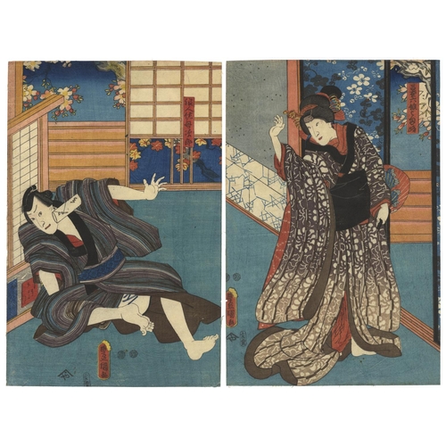 333 - Toyokuni III Utagawa, Set of 2 Prints, Diptych, Kabuki, Edo Theatre, Play(1) Satomi Hakken Den. Orig... 