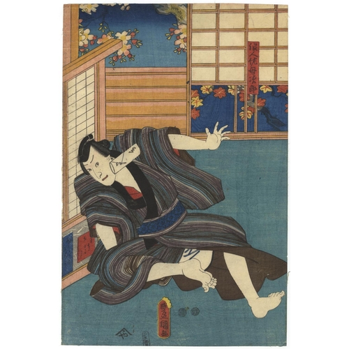 333 - Toyokuni III Utagawa, Set of 2 Prints, Diptych, Kabuki, Edo Theatre, Play(1) Satomi Hakken Den. Orig... 