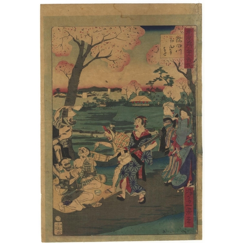 335 - Ikkei Shosai, Set of 2 Prints, Comical Scenes of Tokyo, Meiji Period(1) Dancing, Sumidagawa,Thirty-s... 